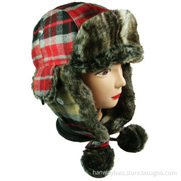 Winter Hat for Women, Plaid Fashionable Winter Trapper with Tipper Fur on Front